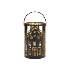 Farol de metal perforado con asa de cuero para decoración navideña - Product Image 5