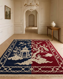 Tapis en laine rectangulaire à motif mosaïque en blocs, motif grue orientale rouge marine, bordure florale décorative, antidérapant, écologique - Product Image 1