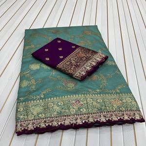 VASTRA COTTAGE Sari de Seda Dola con Bordado Meenakari Zari, Cordón y Lentejuelas, con Blusa en Contraste, para Uso Festivo - Product Image 1