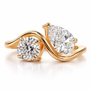 Bague Toi et Moi en or massif 10K 14K 18K avec deux pierres, diamant de laboratoire de couleur DEF, clarté VS VVS, certifié IGI, taille poire et ronde, bague de mariée - Product Image 1