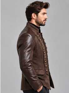 Veste en cuir marron pour homme, col montant, style vintage - Product Image 3
