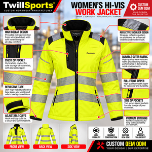 Chaqueta de Trabajo y Abrigo de Construcción para Mujer, Personalizada, Reflectante, Transpirable, de Secado Rápido, Alta Visibilidad, Impermeable y Resistente al Viento - Product Image 6