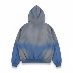 เสื้อฮู้ดดี้โอเวอร์ไซส์ย้อมสีไล่เฉดสีสำหรับผู้ชาย ผ้าฝ้ายเฟรนช์เทอร์รี่ ทรงพูลโอเวอร์ ล้างสีแบบแอซิดวอช ขาดๆ แบบมีสไตล์ - Product Image 2