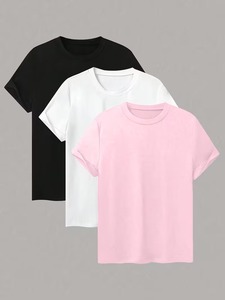 เสื้อยืดคอกลมแขนสั้นผู้ชายคุณภาพสูง ผ้าฝ้าย 100% ทรงปกติ สีพื้น ผ้าเจอร์ซีย์ถัก สวมใส่สบาย สีดำ ขาว ชมพู - Product Image 1