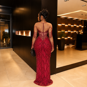 Vestido de Noche de Lujo Color Vino Tinto con Cuentas Hechas a Mano, Vestido de Fiesta de Diseñador para Mujer, Manga Larga con Ilusión Transparente, Largo hasta el Suelo - Product Image 5