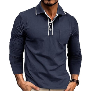 Polo à manches longues pour homme – T-shirt de golf décontracté à col boutonné avec poche, couleur unie - Product Image 1