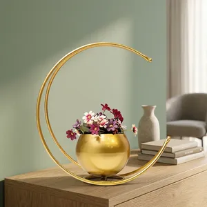 Metal Flower <b>Vase</b> with <b>Gold</b> Finish Geometric Half Moon Design Flower Pot Stand for Living Room Table Decor - Product Image 6