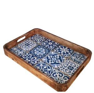 Premium Handcrafted Mango Wood Serving Tray with Moroccan Blue Tile Inlay Platter for <b>Coffee</b> <b>Tables</b> Luxury Home Decor - Product Image 1