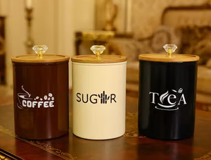 Ensemble de boîtes à café, sucre et thé en acier inoxydable de qualité alimentaire, personnalisables, hermétiques, avec couvercle en bois, design moderne et minimaliste - Product Image 5