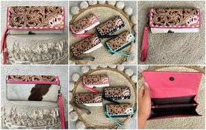 New Luxury Designer 2026 Hand <b>Tooled</b> <b>Leather</b> Wristlet Wallet Purse Hair On Cowhide <b>Leather</b> Card Holder Clutch for Women's - Product Image 3