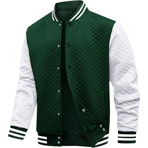Veste universitaire matelassée pour homme, vert et blanc, à blocs de couleur, avec fermeture boutonnée, col montant, en polyester, pour l'automne, style décontracté - Product Image 1