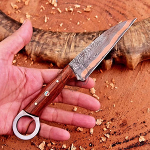 Cuchillo de Caza Skinner Portátil de Acero Damasco de Cobre de Grado Industrial de Alta Calidad con Hoja Entera y Agujero para el Dedo, Punta Caída, 8 Pulgadas - Product Image 2