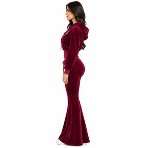 Women's Burgundy Velvet Tracksuit Set <b>Hooded</b> Zipper Full Sleeve Flared Pants Rhinestone Cross Logo Casual Outfit - Product Image 4