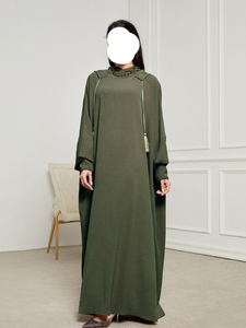 OEM Pure Green Apricot Color Crinkle <b>Elastic</b> Fabric Loose Size <b>Elastic</b> Cuff Tassel Drawstring Hoodies Muslim <b>Dress</b> for Women Eid - Product Image 5