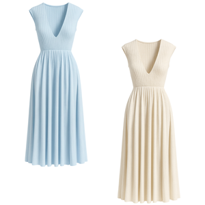 Robe midi élégante pour femmes, en tricot côtelé, col rond, manches courtes, coupe droite, simple, respirante, pour tous les jours, robe d'été, marque privée - Product Image 1