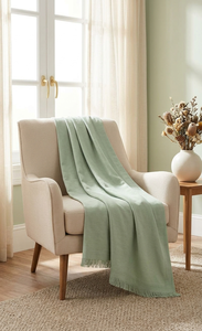 Manta de Invierno de Algodón Orgánico Verde Sólido con Flecos, Transpirable, Calefactable y Portátil para Decoración Moderna del Hogar - Product Image 1