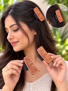 Handmade Hand Tooled Leather Cute Hair Claws Elegant Genuine Leather Floral Design Vintage <b>Clips</b> for Women Hair Accessories - Product Image 6