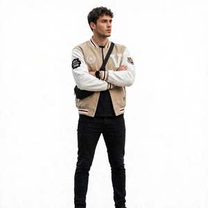 Whiteaura International Men's Beige Suede Varsity <b>Jacket</b> Embroidered <b>Patches</b> Regular Fit Turn-down Collar Wool/Polyester Button - Product Image 3