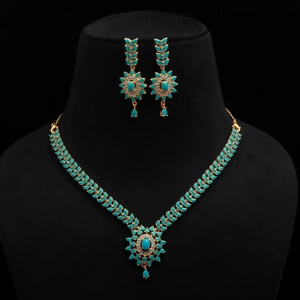 Turquoise <b>Necklace</b> Earrings Set 22K Gold Plated Brass Everyday Elegant Jewelry For Women for Wedding Party Wear - Product Image 1