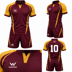 WARPRO ชุดเสื้อรักบี้สีเหลืองมารูนสำหรับผู้ชาย แขนสั้น คอวี ระบายความชื้นได้ดี ทรงพอดีตัว ทุกฤดูกาล ชุดทีม - Product Image 3