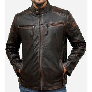 2026 Latest Design <b>Men's</b> Genuine <b>Leather</b> Moto <b>Jacket</b> Stand Collar Zipper Closure Solid Color Pockets Design Winter Wear - Product Image 1