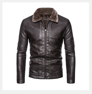 High Quality Men Faux Leather Winter Jacket <b>Fur</b> Collar Front Zipper Casual Outdoor Leather Coat Side Pockets - Product Image 2