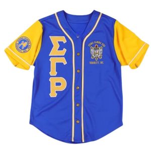 Maillot de baseball Sigma Gamma Rho bleu et jaune pour femme, chemise de sport boutonnée de sororité, maillot athlétique à lettres grecques personnalisé - Product Image 1