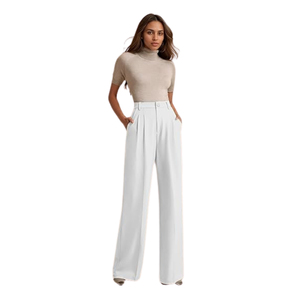 Pantalones de mujer de cintura alta, pierna ancha, largos, blancos, casuales, plisados, de ajuste holgado, de tela crepé, antiarrugas, con cierre de botones - Product Image 6