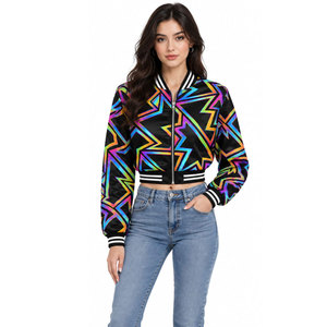 Chaqueta Bomber con estampado geométrico, manga larga, cuello vuelto, cierre de cremallera, ropa de otoño para mujer - Product Image 4