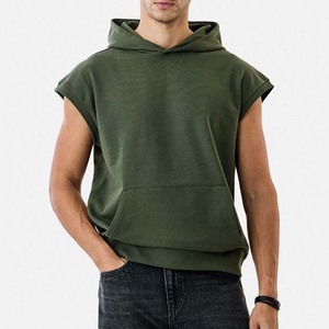 Sudadera sin mangas de algodón grueso para hombre, estilo urbano, con bolsillo, de alta calidad, verde, teñido liso, para verano - Product Image 1