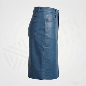 Women's Blue <b>Faux</b> <b>Leather</b> Pencil <b>Skirt</b> Button Front Knee Length - Product Image 3