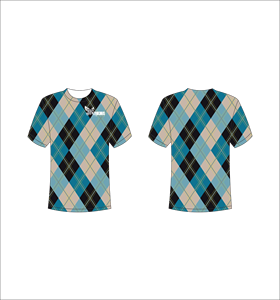 T-shirt personnalisé sublimé imprimé sur toute la surface, motif Argyle bleu, noir, beige, unisexe, col rond, respirant, en polyester, tissu Ferocious - Product Image 1