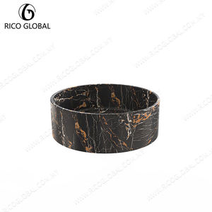 RICO GLOBAL Round Marble Vessel <b>Sink</b> Polished <b>Black</b> Gold Veins Top Mount Bathroom Basin Contemporary Design - Product Image 2