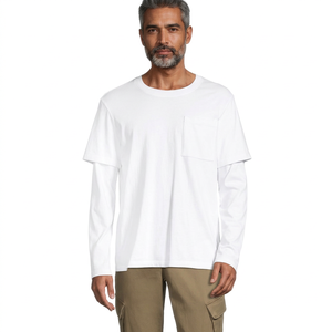 T-shirt en coton blanc à manches longues pour homme, col rond, coupe classique, couleur unie, jersey tricoté, design uni - Product Image 2