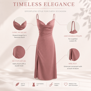 Vestido Midi de Satén Color Rosa Empolvado para Mujer, con Cuello Drapeado, Tirantes Ajustables, Abertura Lateral, Elegante para Cóctel, Fiesta, Boda - Product Image 5