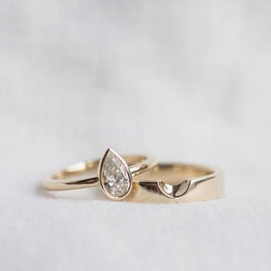 Pear Cut 2 Carat Lab Created Diamond <b>Ring</b> <b>Set</b> 14K Solid Yellow <b>Gold</b> Bezel Setting Engagement <b>Ring</b> with 4 MM Wedding Band - Product Image 5