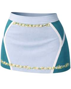 Manufacturer Women Teal <b>Blue</b> Two Piece Skirt Set Sleeveless Crop Top High Waist Mini Skirt Floral Trim Soft Stretch Summer Wear - Product Image 5