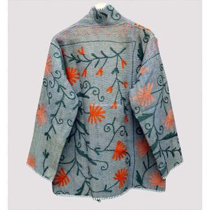 100% Cotton Indian Kantha Stitch Embroidered Quilted Reversible Patchwork Mandarin Collar Open Stitch Vintage Front Jacket - Product Image 6