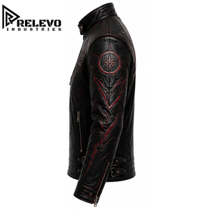 Custom High Quality Men Dark Fantasy <b>Leather</b> Biker <b>Jacket</b>, Gothic Star Crest Armor Coat with Red Vein Detail and Stand Collar - Product Image 3