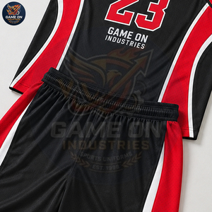 Black And Red Contrast Color OEM Lightweight Sports Outfit Breathable Athletic Training Wear Men's Basketball Game Uniform - Product Image 6