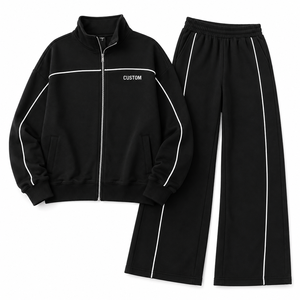 Veste zippée intégrale OEM pour femme, survêtement zippé avec passepoil contrastant, coupe décontractée, pantalon large, logo personnalisé, athleisure, vente en gros - Product Image 3