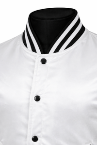 Veste de sport blanche en satin pour homme, col montant côtelé noir, poignets à revers, boutonnage simple - Product Image 5
