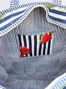 Bohemian <b>White</b> And Blue Stripped Cotton Tote <b>Bag</b> With Red Strawberry Print Summer Casual Zipper Shopping Travel Handbag - Product Image 5