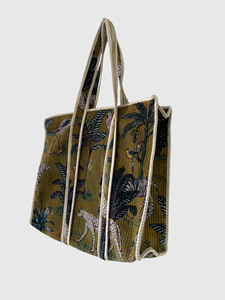 <b>Corduroy</b> <b>Tote</b> <b>Bag</b> With Embroidered Jungle Pattern Bohemian Style Open Top For Shopping All Seasons - Product Image 3