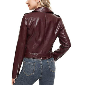 Women's Burgundy PU Leather Moto Jacket <b>Zipper</b> Closure Turn-down Collar Regular Fit Autumn Style - Product Image 4