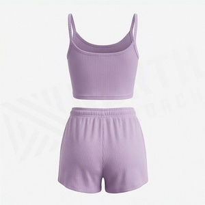 Conjunto de 2 Piezas para Mujer, Top Corto y Pantalones Cortos Acanalados, Color Sólido, Sin Mangas, Estilo Casual, Largo por Encima de la Rodilla, Mezcla de Algodón y Spandex - Product Image 2