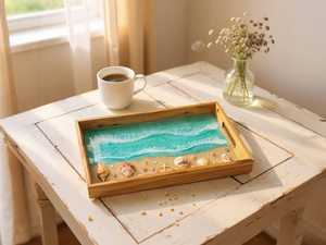 Plateau de service rond classique en bois et résine avec coquillages en résine époxy vert aqua, finition polie, cadeau multifonctionnel durable - Product Image 1