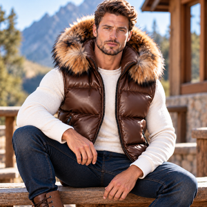 <b>Men's</b> Genuine Leather Breathable Windproof Puffer <b>Vest</b> with Fox Fur Hood | Winter Jacket for <b>Men</b> - Product Image 3