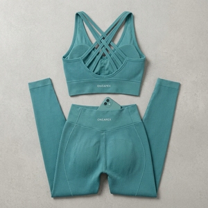 Conjunto de yoga acanalado color verde azulado para mujer, sujetador deportivo cruzado, leggings de cintura alta, ropa deportiva para gimnasio, entrenamiento, conjunto deportivo de dos piezas - Product Image 5