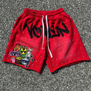 กางเกงขาสั้นผู้ชายสไตล์ไฮสตรีทผ้าฝ้าย 100% แบบซันเฟด ตกแต่งด้วยคริสตัลลายเรียบ - Product Image 2